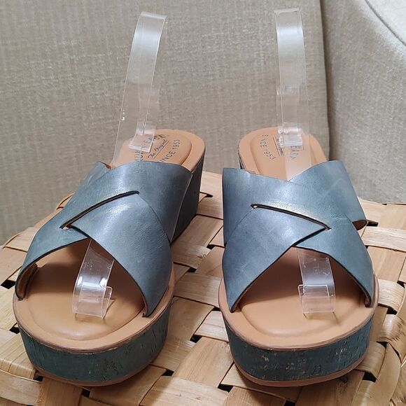 Kork-Ease Sabrina Blue Leather Criss Cross Platform Wedge Sandals - Picture 2 of 10